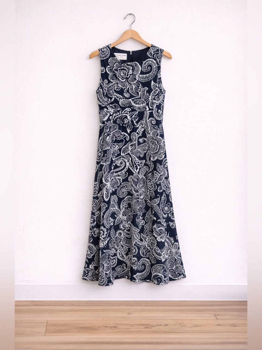 Adrienne Vittadini Navy & White Floral Midi Dress Vacation Night Resort Cruise